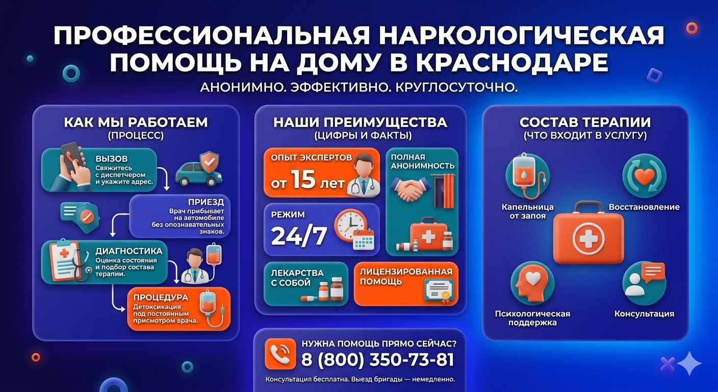 Инфографика о принципах лечения алкоголизма на дому в Кировске: этапы вызова нарколога, преимущества анонимной детоксикации и состав медицинской помощи.